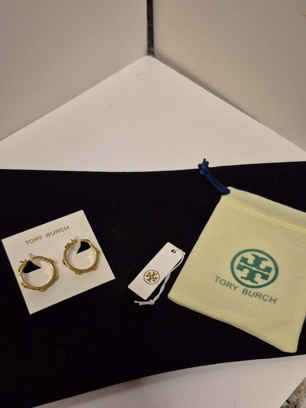 Tory Burch Gold Hoop Earrings with Logo Charm And Pave Crystals